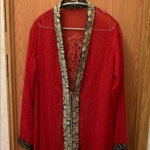 Beautiful Red sheer robe with black and gold trim and gold ties